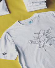 Load image into Gallery viewer, Big bee embroidered organic t-shirt with bee sleeve detail