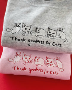 Thank goodness for cats embroidered sweater with cat heart sleeve detail