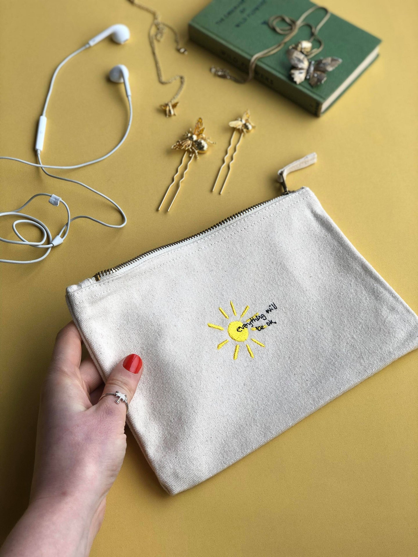 everything will be ok sun embroidered accessory pouch