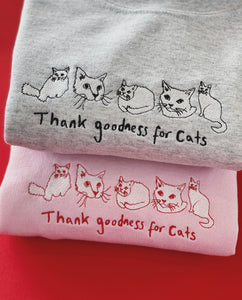 Thank goodness for cats embroidered sweater with cat heart sleeve detail