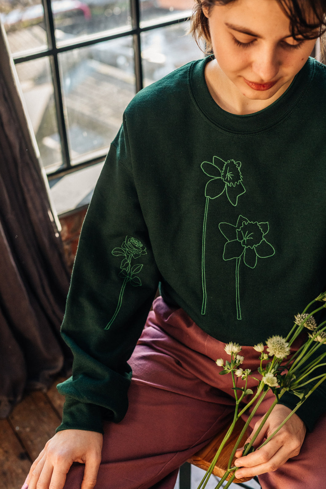 Embroidered big daffodil with sunflower and rose sweater