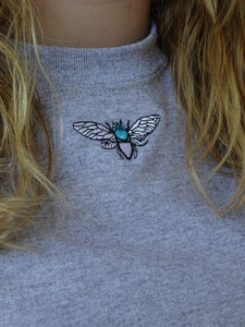 Mini turquoise moth embroidered organic t-shirt