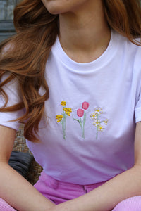 Embroidered trio of Spring flowers T-shirt