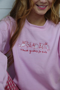 Thank goodness for cats embroidered sweater with cat heart sleeve detail