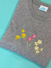 Load image into Gallery viewer, Embroidered trio of Spring flowers T-shirt