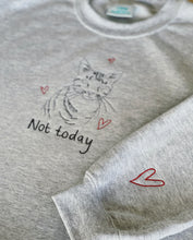 Load image into Gallery viewer, Not today embroidered cat sweater with heart sleeve detail