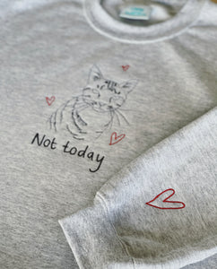Not today embroidered cat sweater with heart sleeve detail