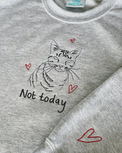 Load image into Gallery viewer, Not today embroidered cat sweater with heart sleeve detail