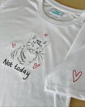 Load image into Gallery viewer, Not today slogan and cat embroidered organic t-shirt with heart sleeve