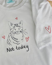 Load image into Gallery viewer, Not today slogan and cat embroidered organic t-shirt with heart sleeve