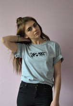 Load image into Gallery viewer, Heart bee&#39;s embroidered design on organic t-shirt