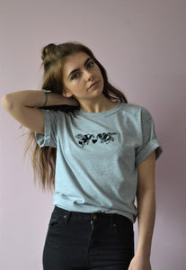 Heart bee's embroidered design on organic t-shirt