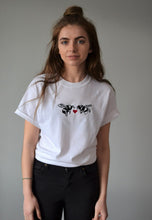 Load image into Gallery viewer, Heart bee&#39;s embroidered design on organic t-shirt
