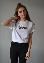 Load image into Gallery viewer, Heart bee&#39;s embroidered design on organic t-shirt
