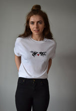 Load image into Gallery viewer, Heart bee&#39;s embroidered design on organic t-shirt