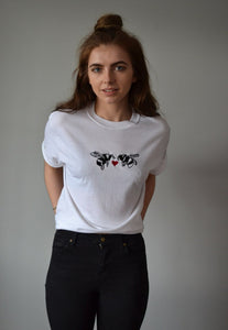 Heart bee's embroidered design on organic t-shirt