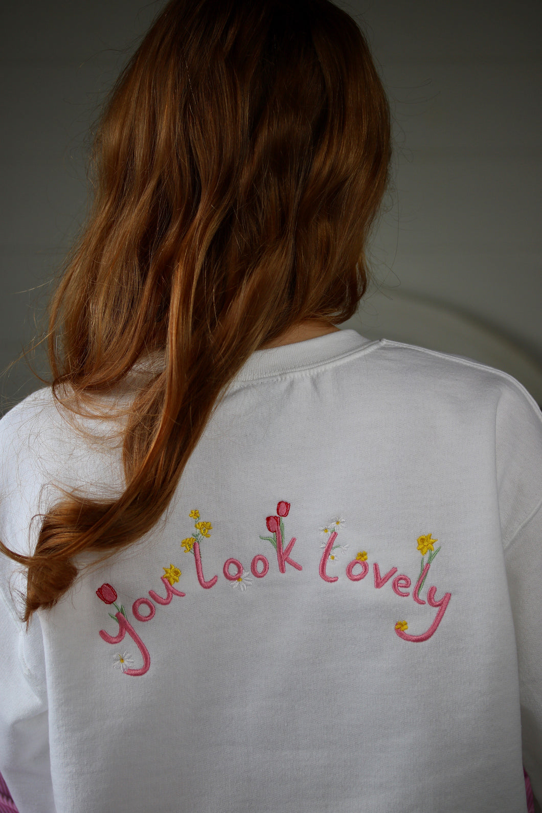 Embroidered Floral ' you look lovely ' back sweater